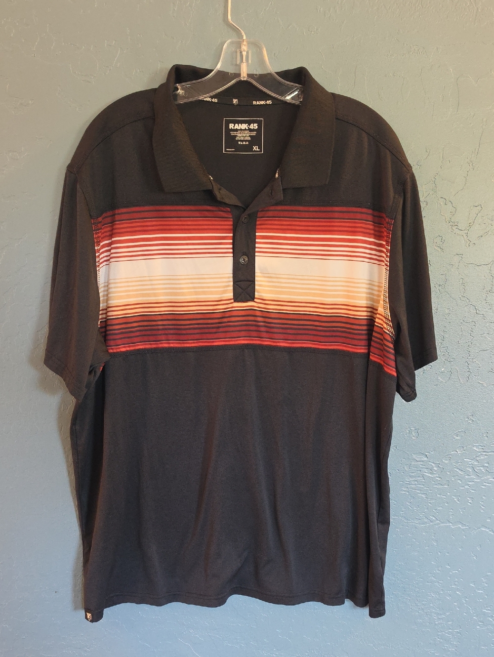 Rank 45 Men's Black Performance Polo with Red and White Stripe